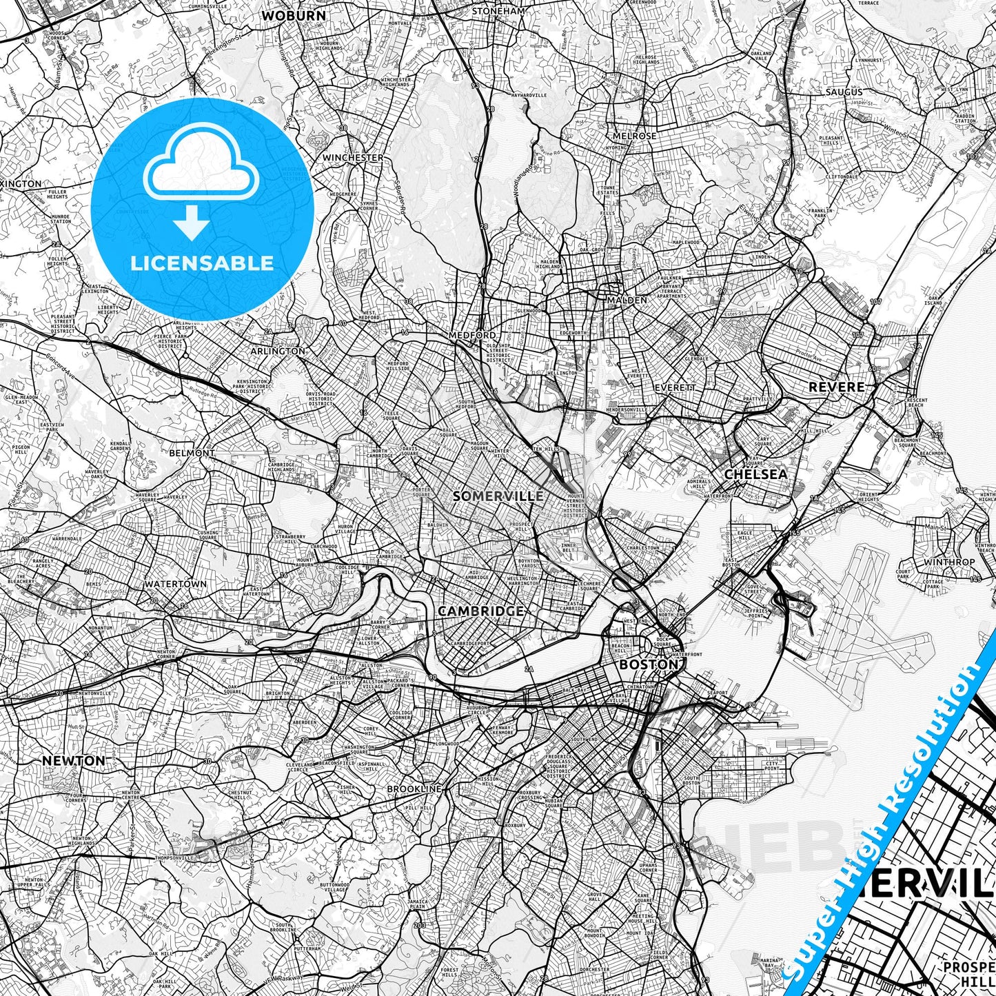 Somerville, Massachusetts light map with streetnames, citynames and districts