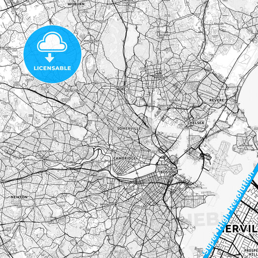 Somerville, Massachusetts light map with streetnames, citynames and districts
