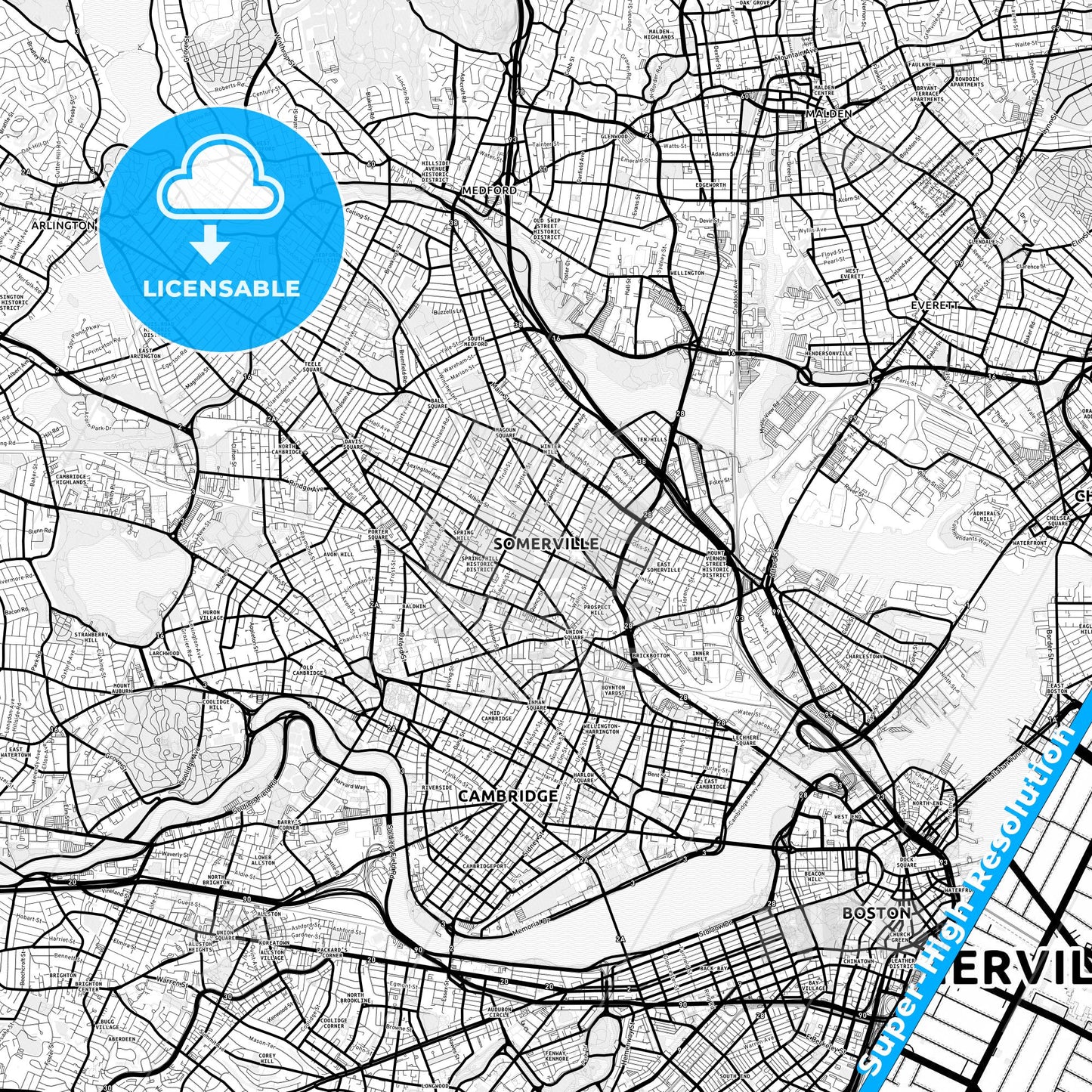 Somerville, Massachusetts Light Map with Street Names, City Names, and Districts
