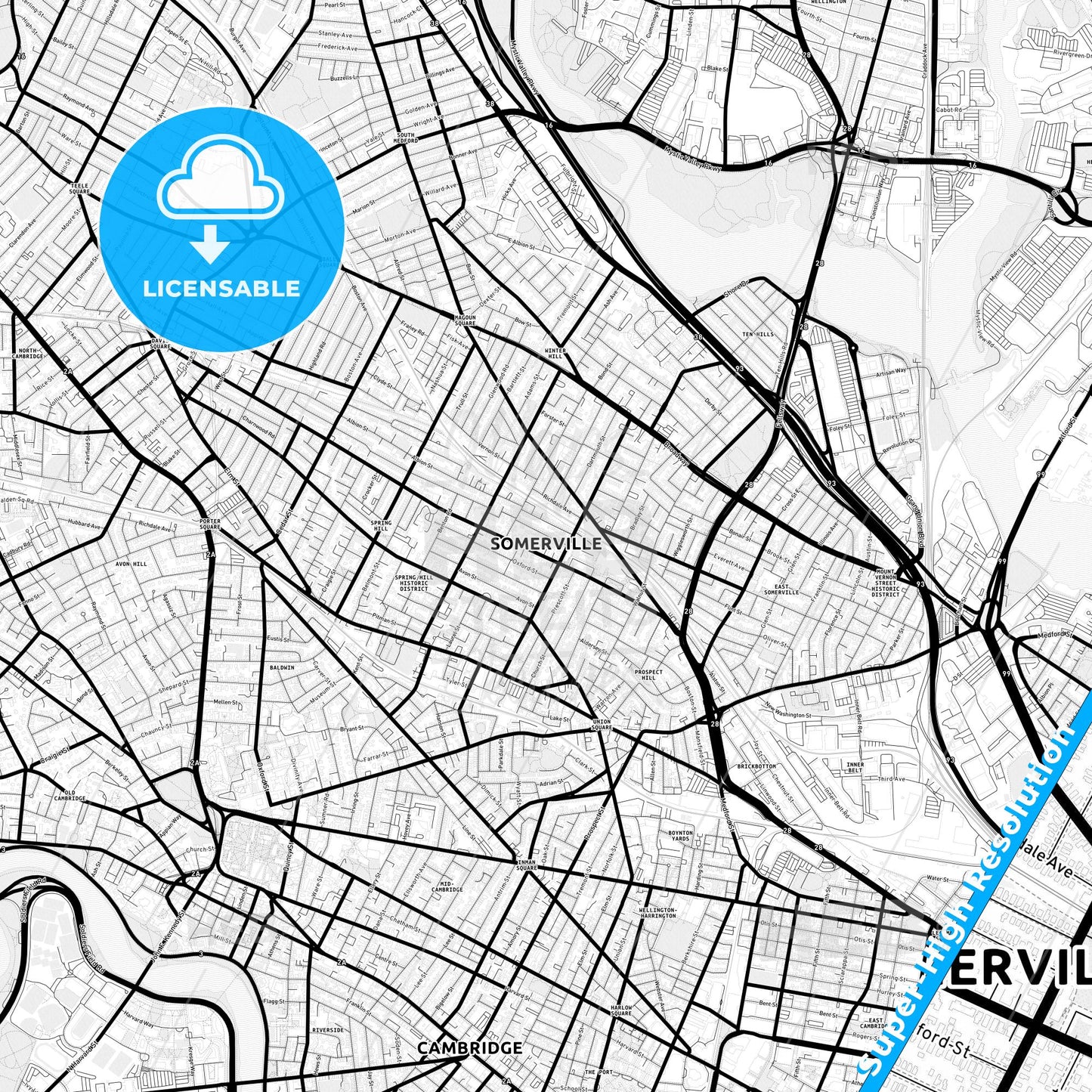 Somerville, Massachusetts Light Map with Street Names, City Names, and Districts