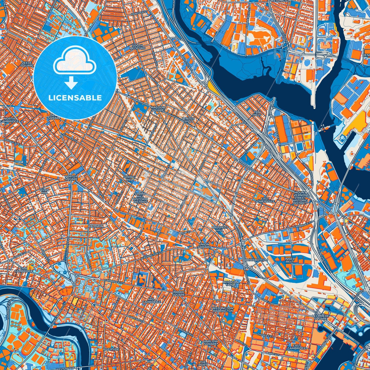 Colorful Somerville Street Map with Labels and Buildings