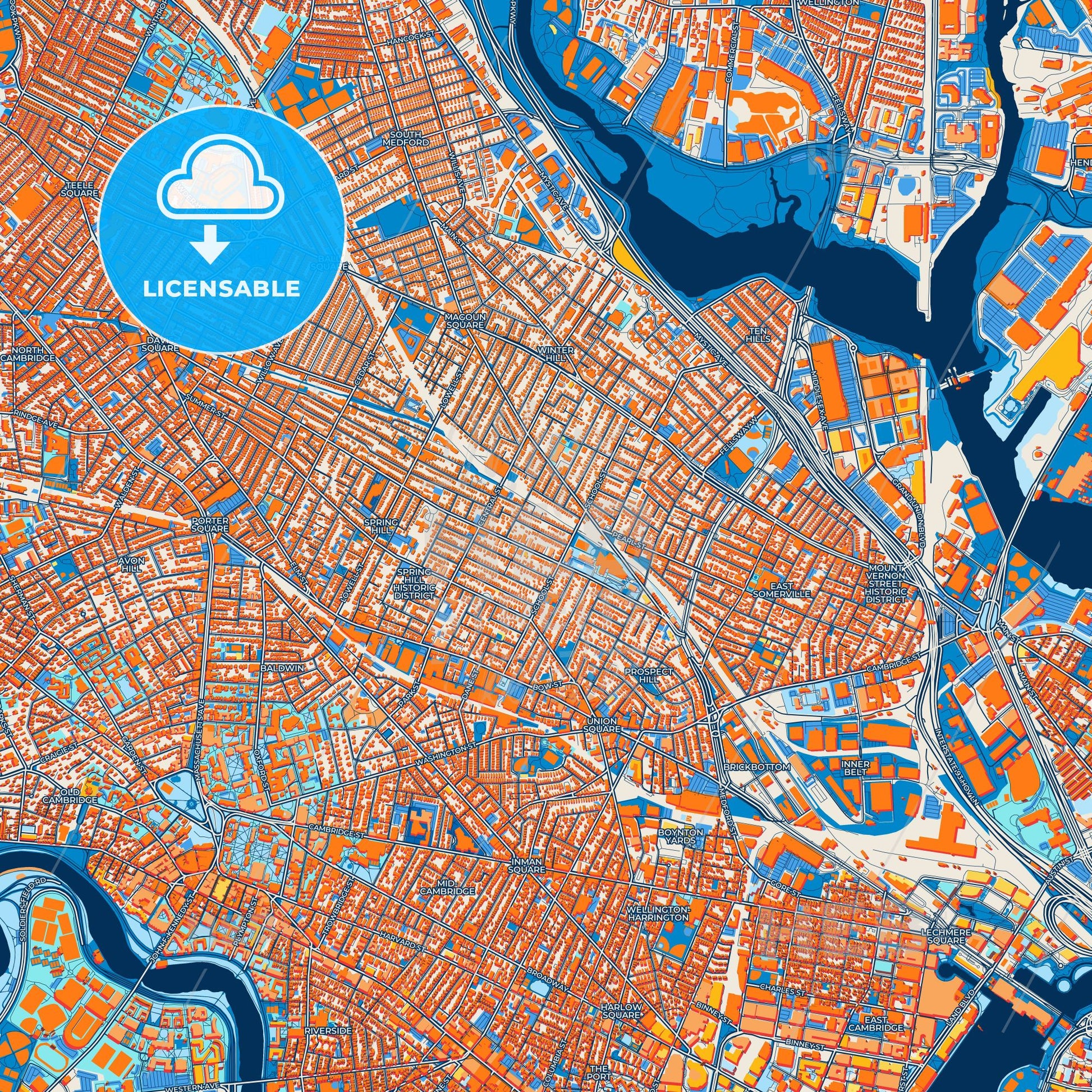 Colorful Somerville Street Map with Labels and Buildings