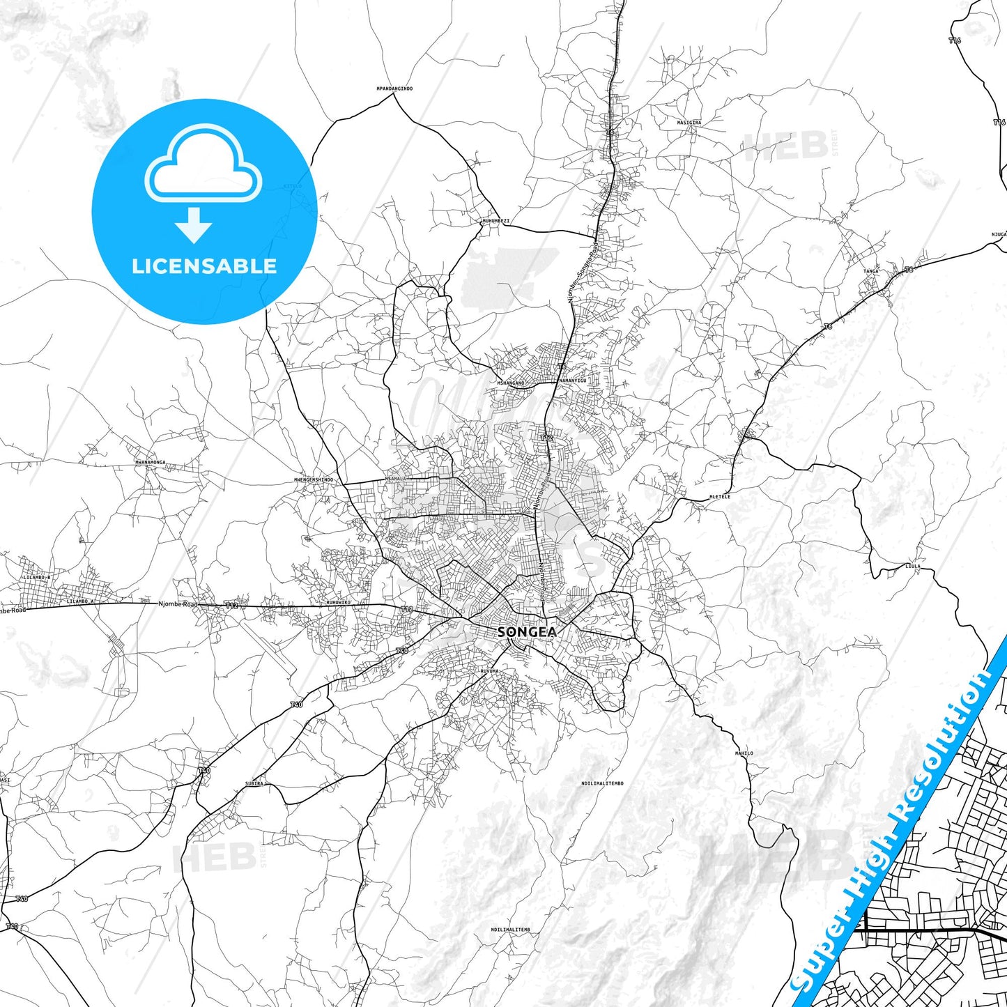 Songea, Tanzania light map with streetnames, citynames and districts