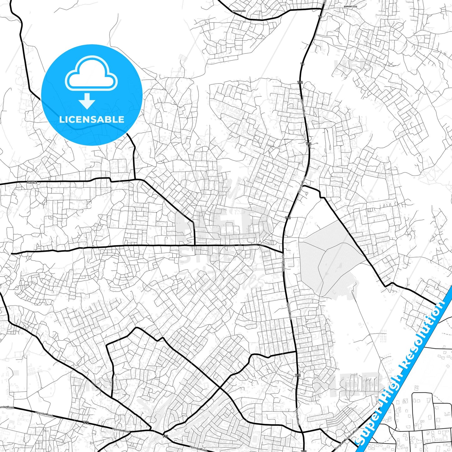 Songea, Tanzania Light Map with Street Names, City Names, and Districts