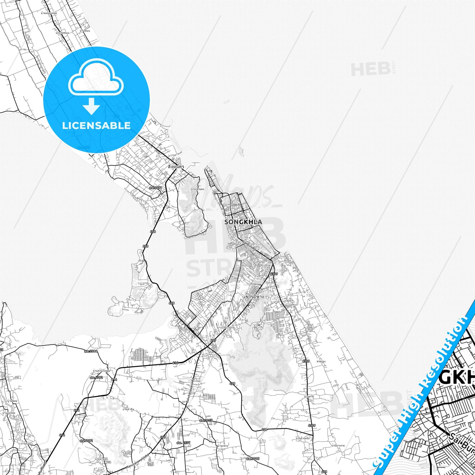 Songkhla, Thailand light map with streetnames, citynames and districts