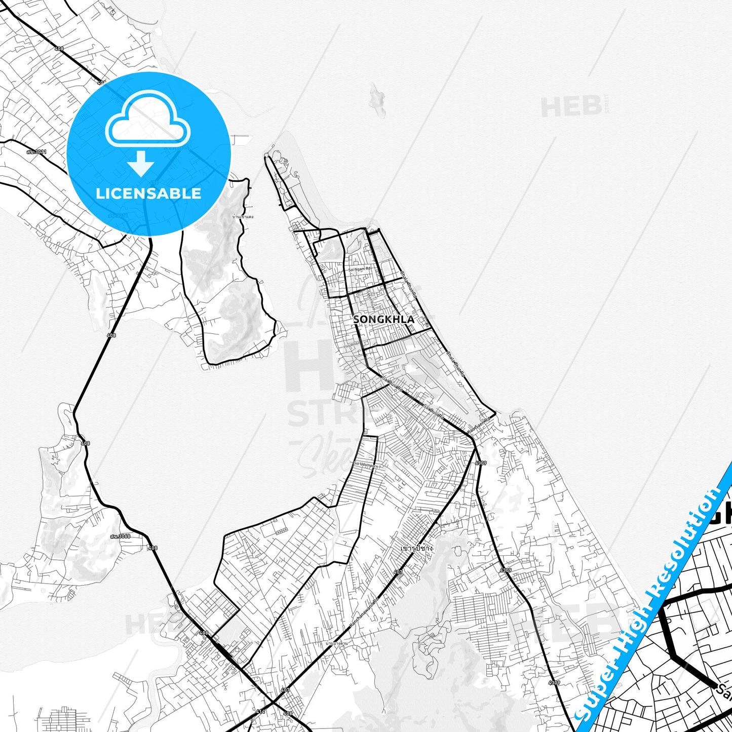 Songkhla, Thailand Light Map with Street Names, City Names, and Districts