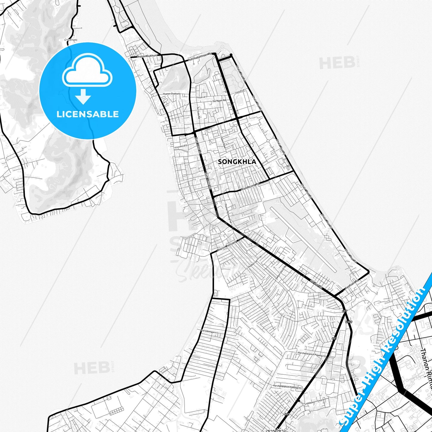 Songkhla, Thailand Light Map with Street Names, City Names, and Districts