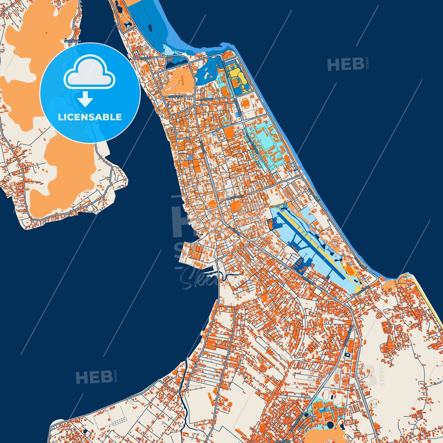Colorful Songkhla Street Map with Labels and Buildings
