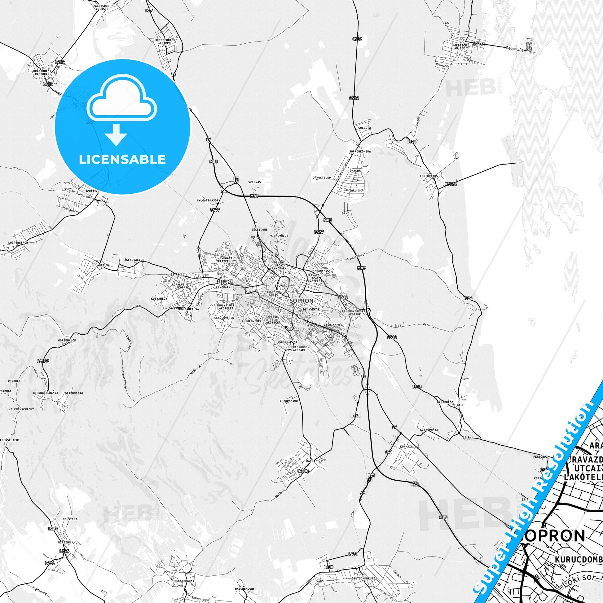 Sopron, Hungary light map with streetnames, citynames and districts
