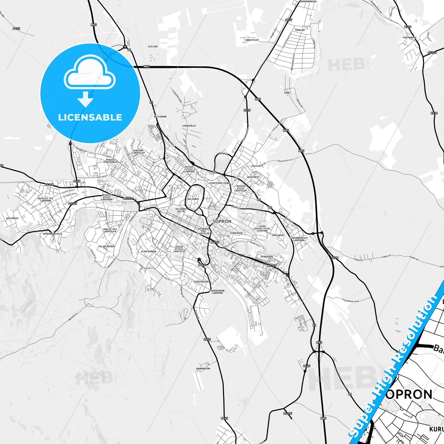 Sopron, Hungary Light Map with Street Names, City Names, and Districts