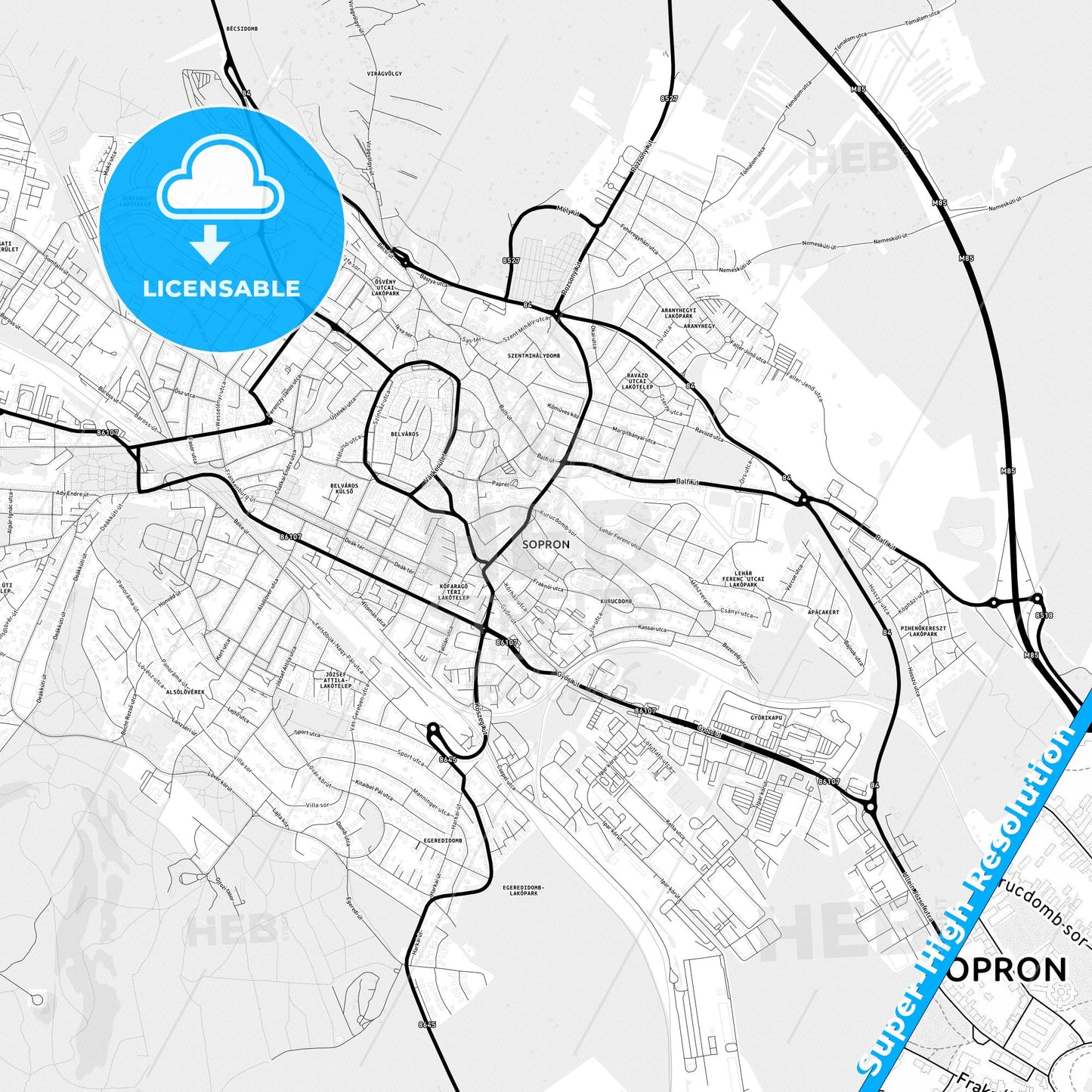 Sopron, Hungary Light Map with Street Names, City Names, and Districts