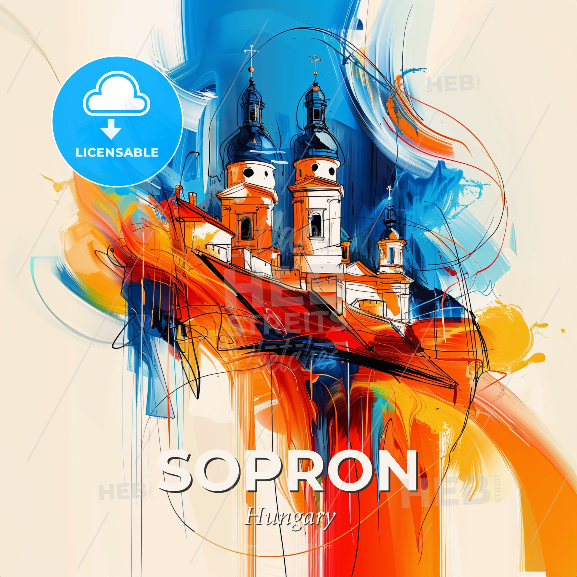 Vibrant Sopron, Hungary - A Painting Of A Building With Towers - Square format print template