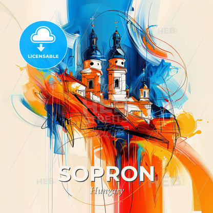 Vibrant Sopron, Hungary - A Painting Of A Building With Towers - Square format print template