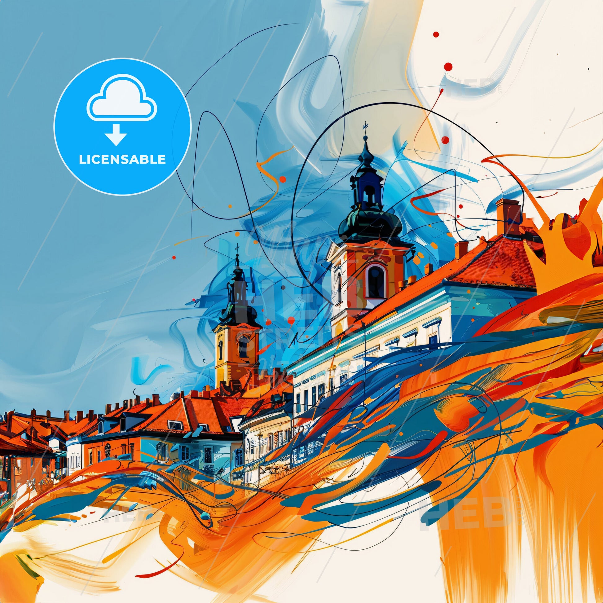 Vibrant Sopron, Hungary - A Painting Of A Building With Orange And Blue Colors