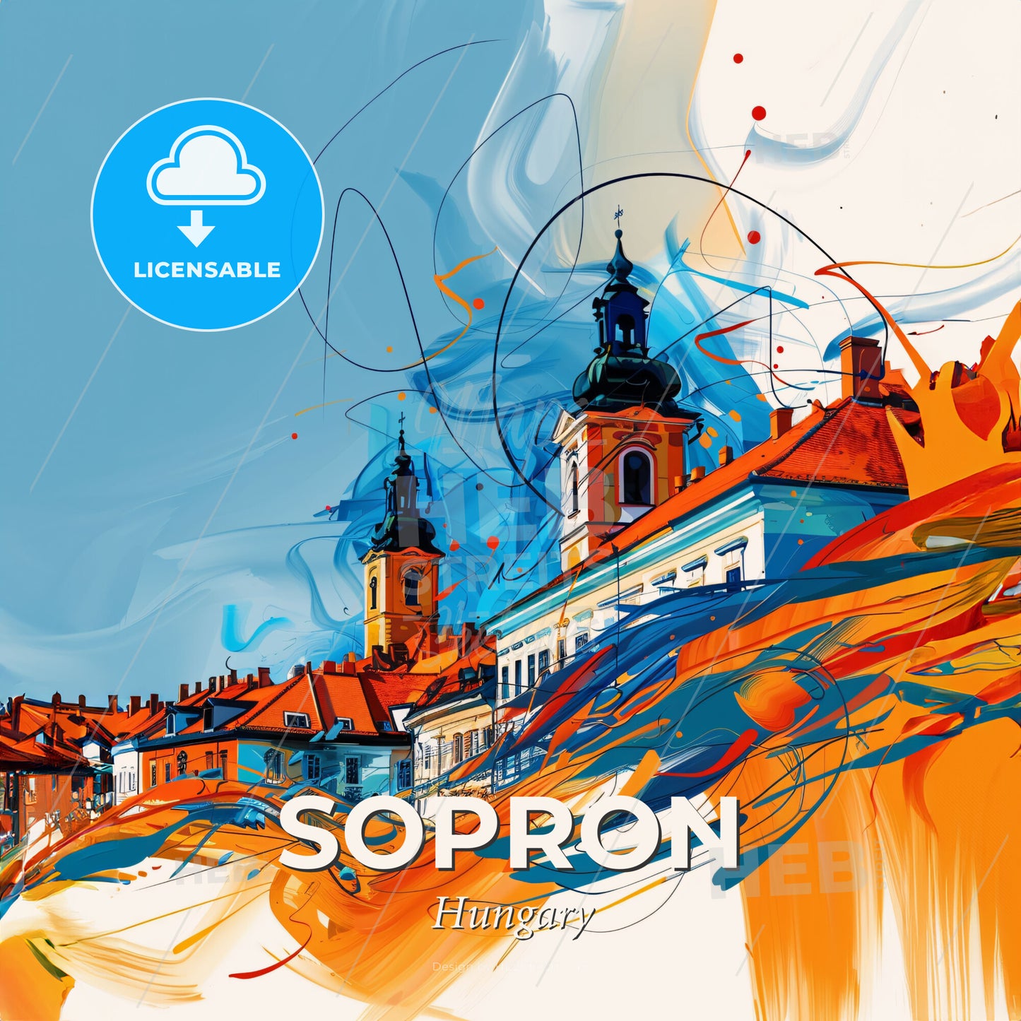 Vibrant Sopron, Hungary - A Painting Of A Building With Orange And Blue Colors - Square format print template