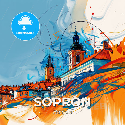 Vibrant Sopron, Hungary - A Painting Of A Building With Orange And Blue Colors - Square format print template