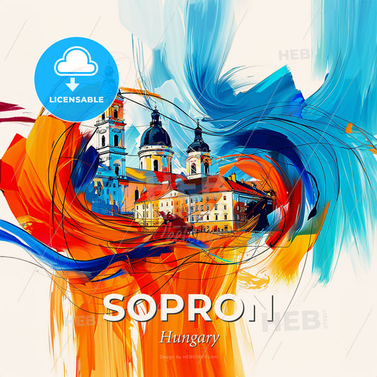 Vibrant Sopron, Hungary - A Painting Of A Building With A Colorful Swirl - Square format print template