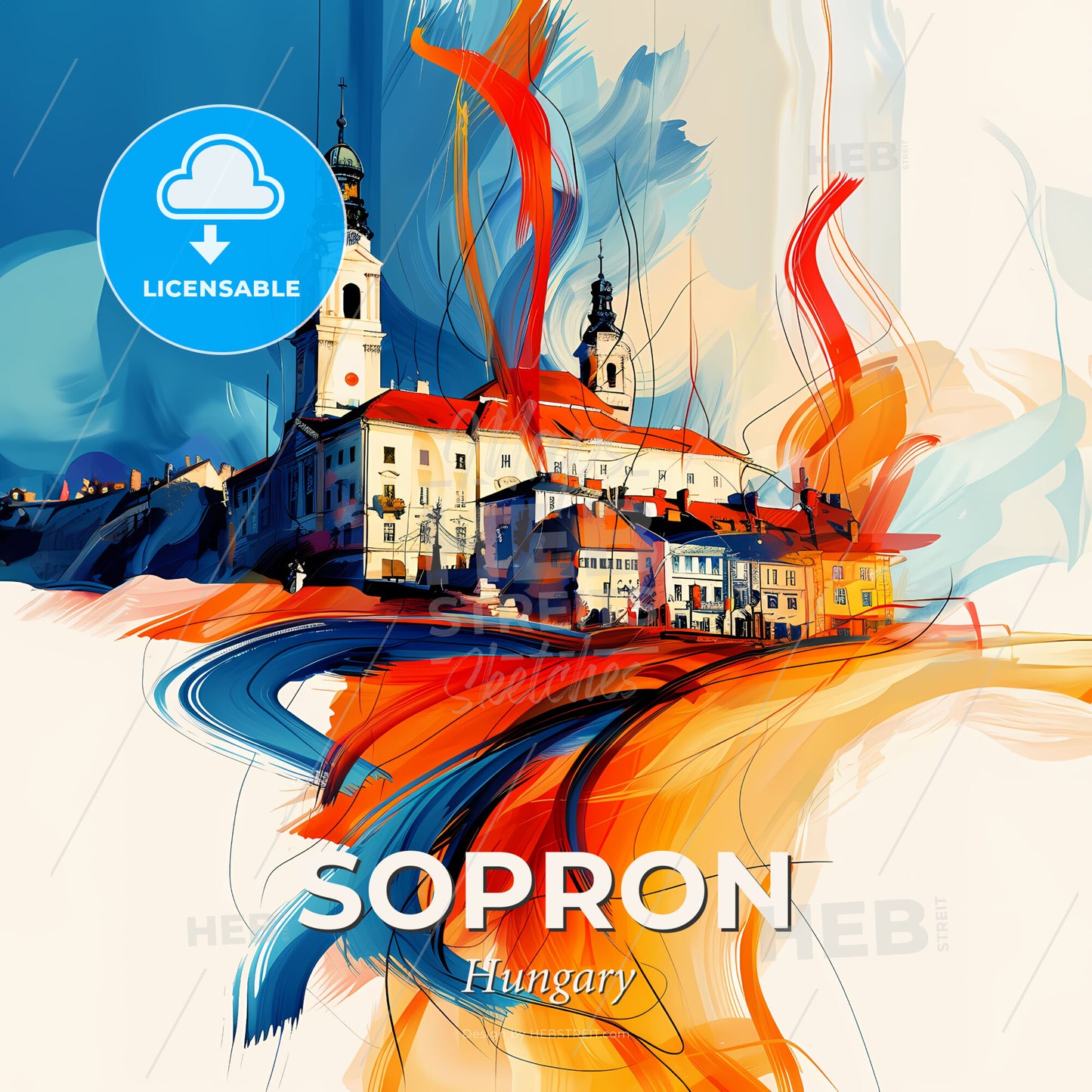 Vibrant Sopron, Hungary - A Painting Of A Building With A Tower And A Church - Square format print template