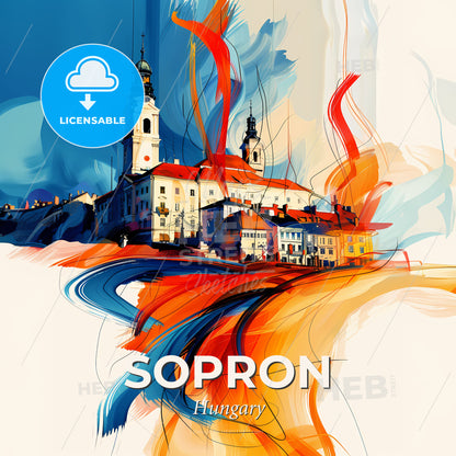 Vibrant Sopron, Hungary - A Painting Of A Building With A Tower And A Church - Square format print template