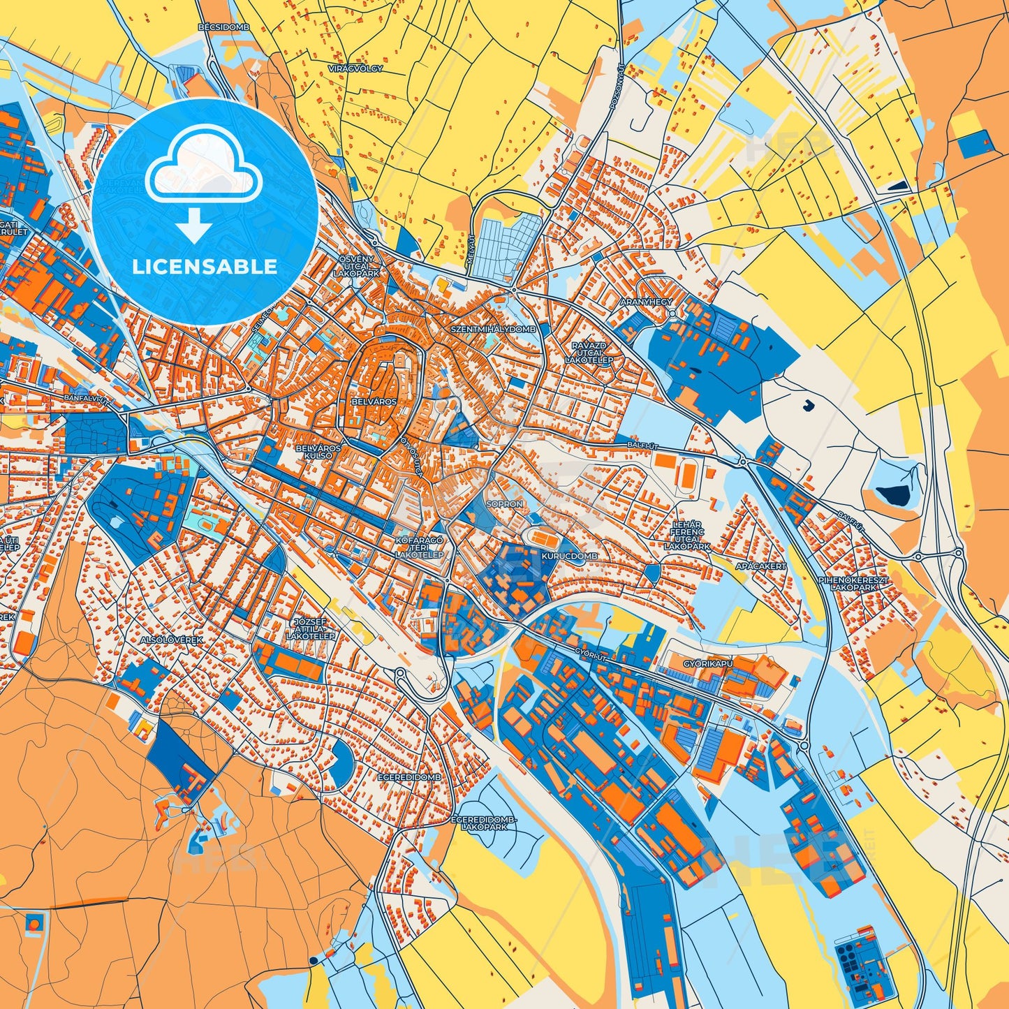 Colorful Sopron Street Map with Labels and Buildings