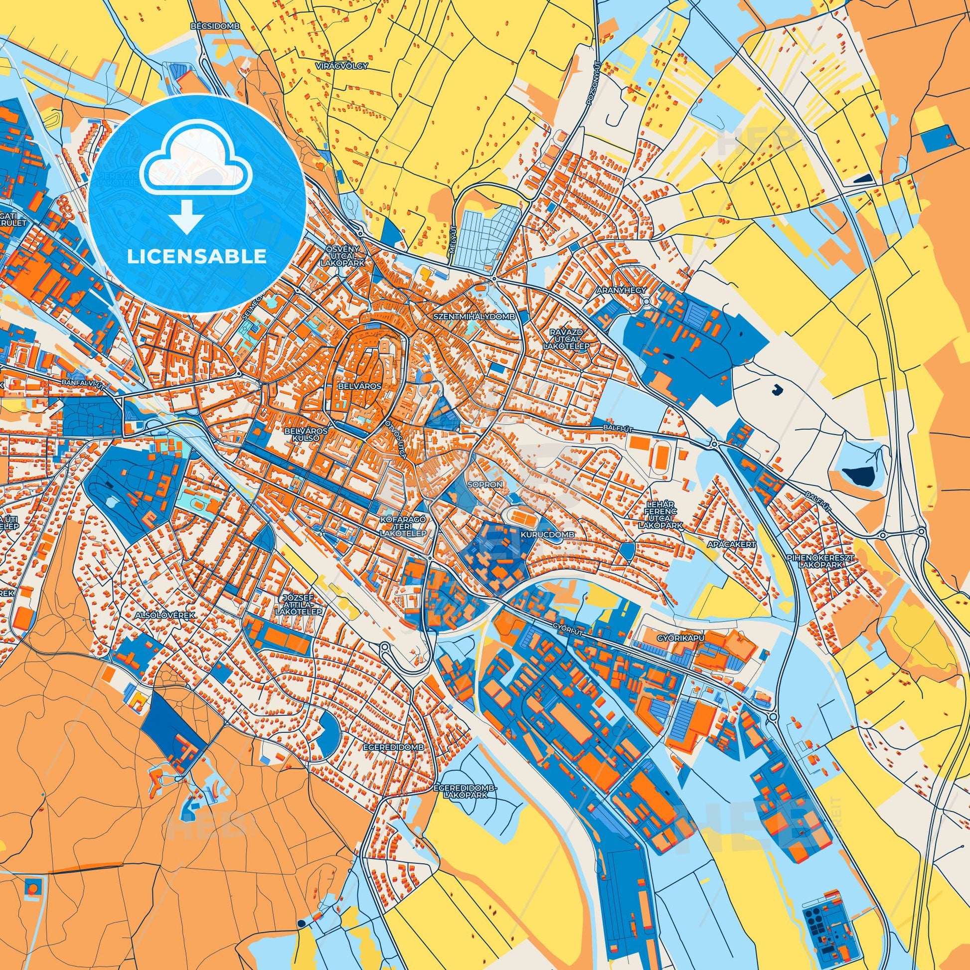 Colorful Sopron Street Map with Labels and Buildings