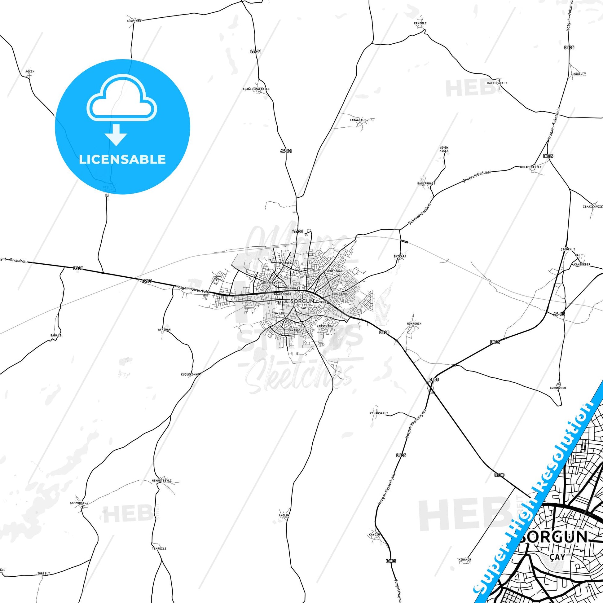Sorgun, Turkey light map with streetnames, citynames and districts
