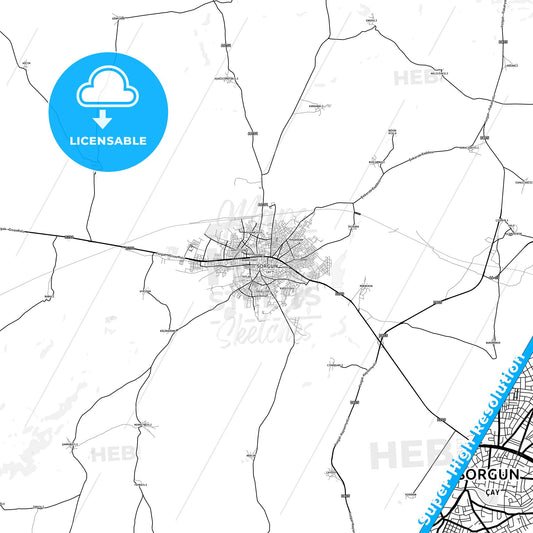 Sorgun, Turkey light map with streetnames, citynames and districts