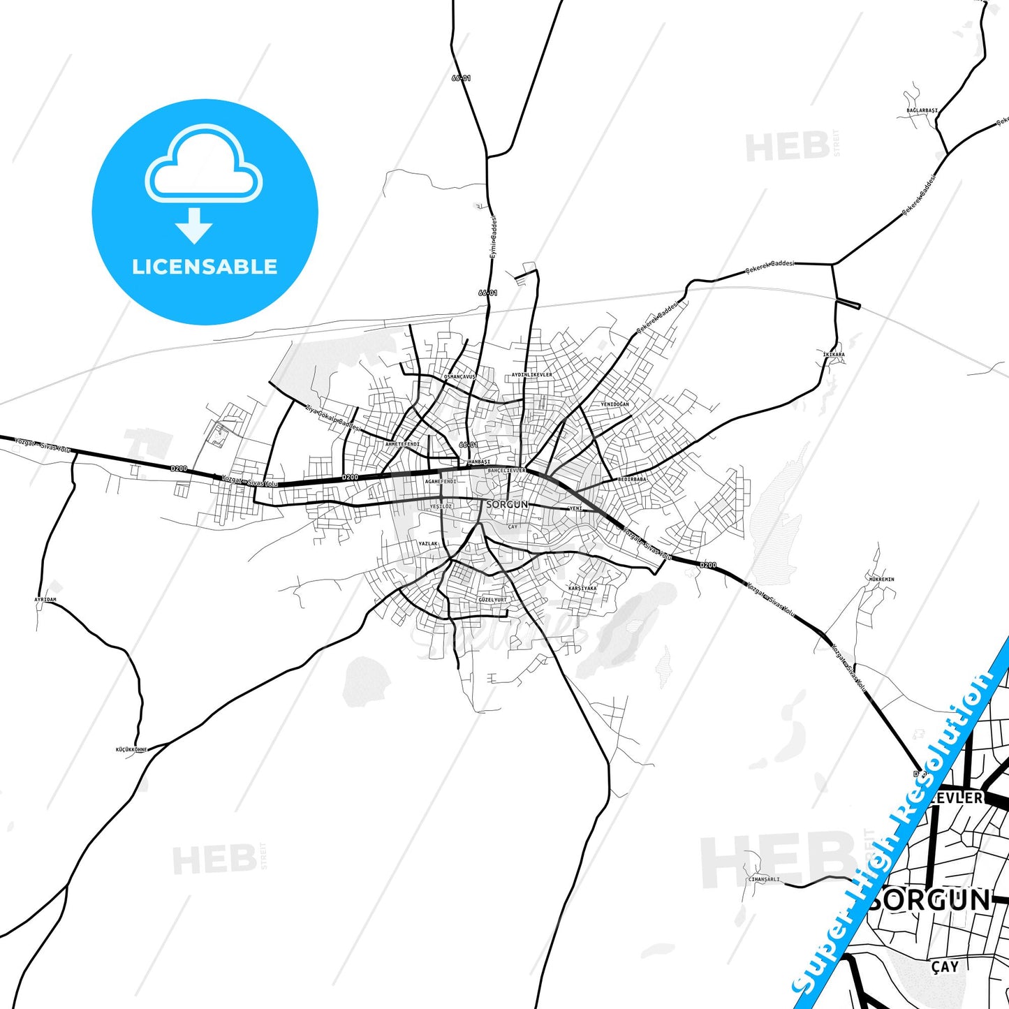 Sorgun, Turkey Light Map with Street Names, City Names, and Districts