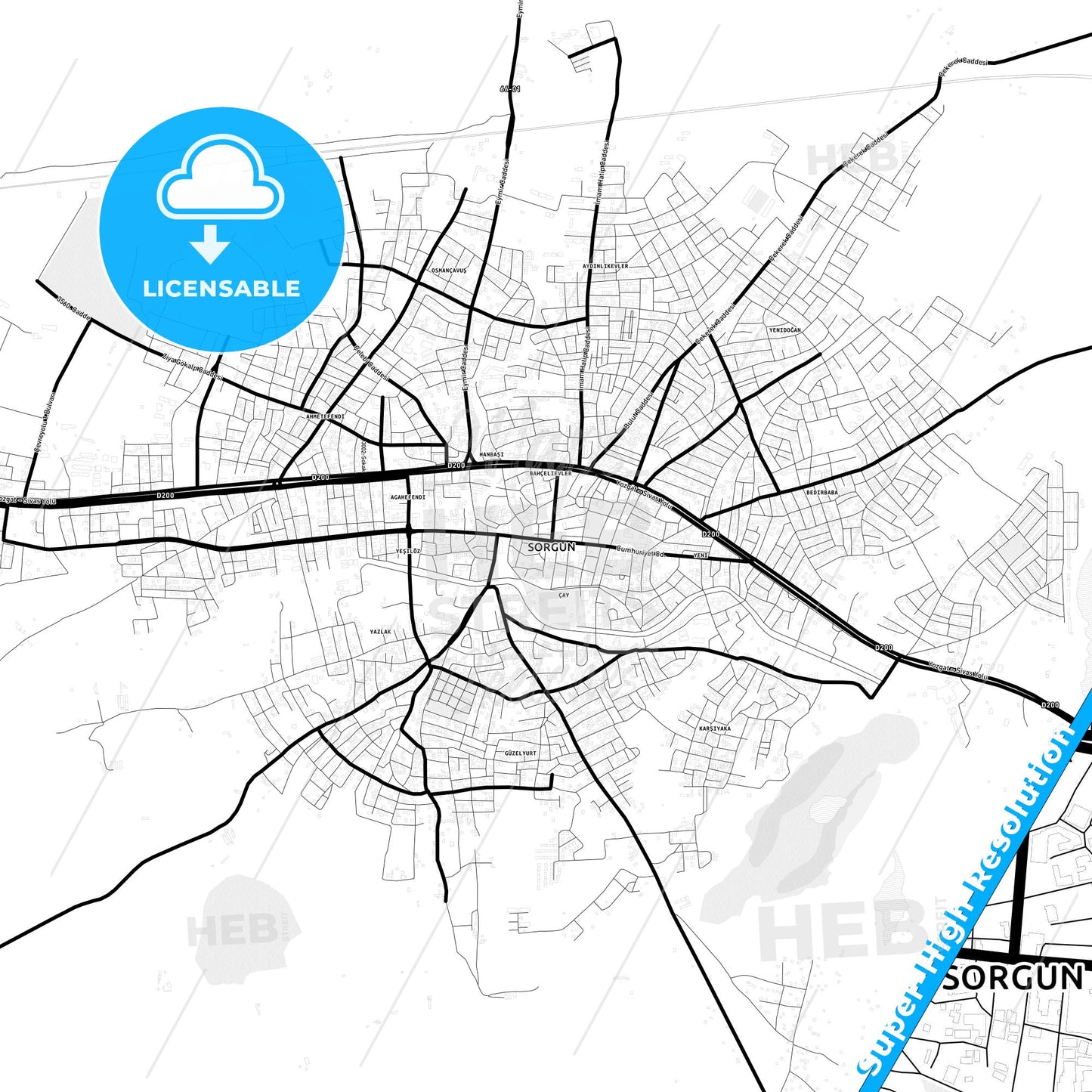 Sorgun, Turkey Light Map with Street Names, City Names, and Districts