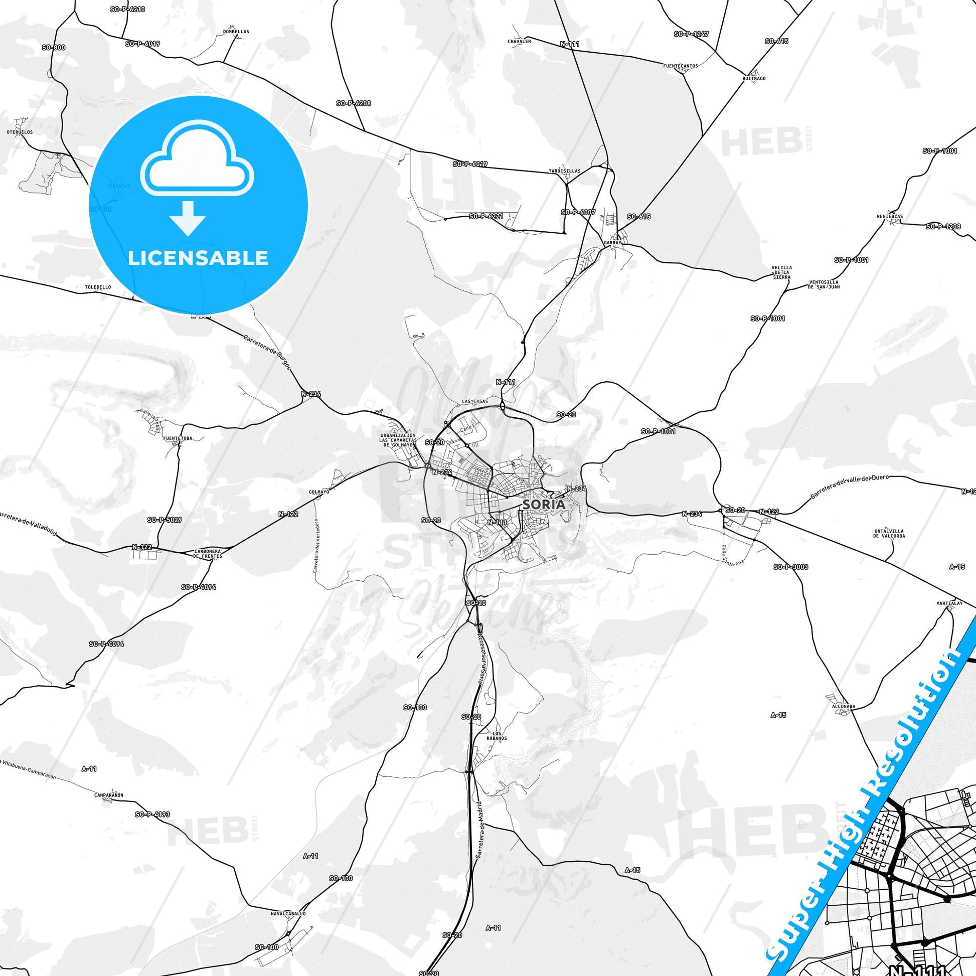 Soria, Spain light map with streetnames, citynames and districts
