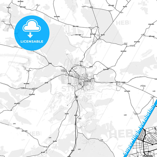 Soria, Spain light map with streetnames, citynames and districts