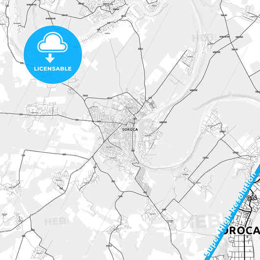 Soroca, Moldova light map with streetnames, citynames and districts