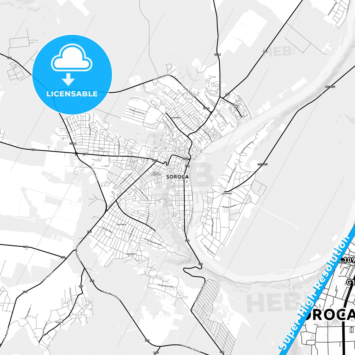 Soroca, Moldova Light Map with Street Names, City Names, and Districts