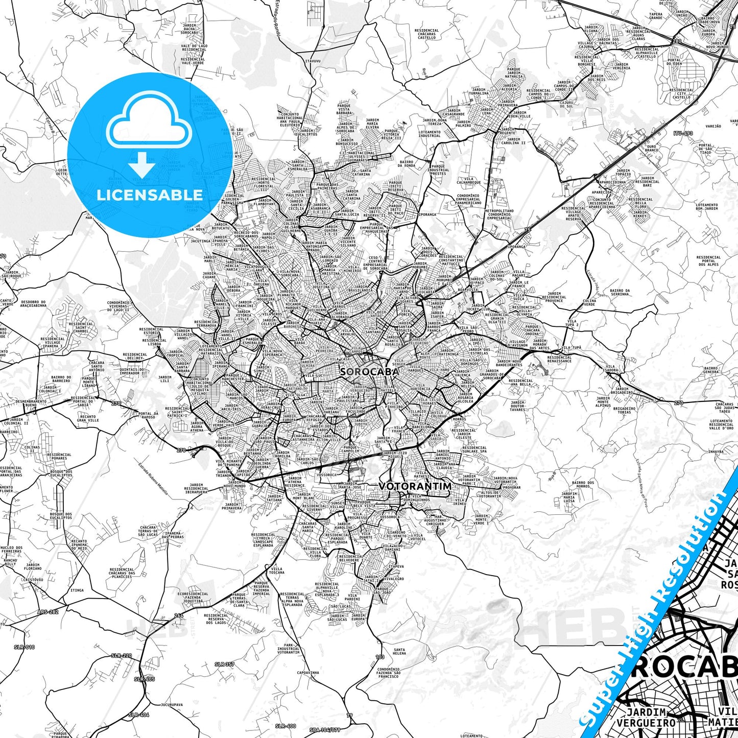 Sorocaba, Brazil light map with streetnames, citynames and districts