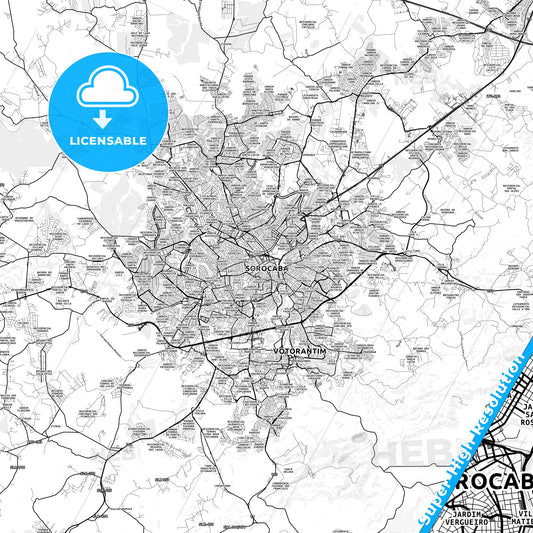 Sorocaba, Brazil light map with streetnames, citynames and districts