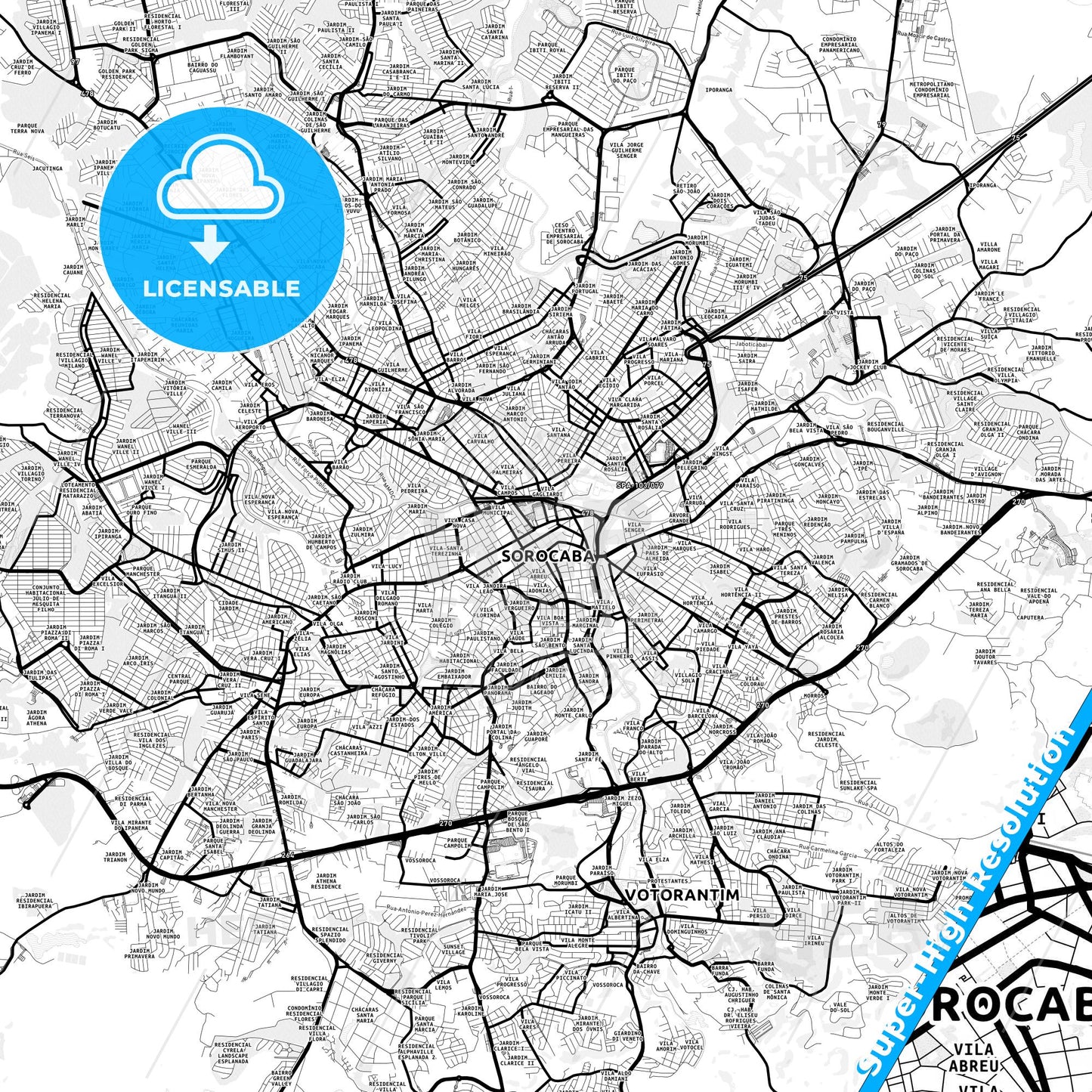 Sorocaba, Brazil Light Map with Street Names, City Names, and Districts