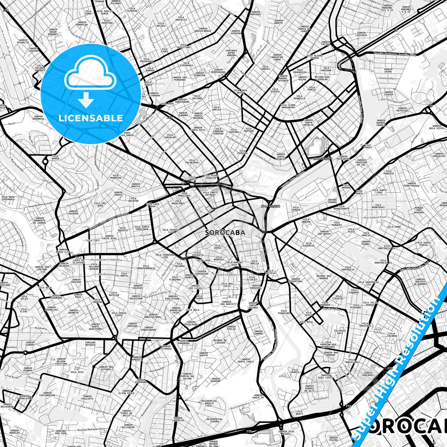 Sorocaba, Brazil Light Map with Street Names, City Names, and Districts