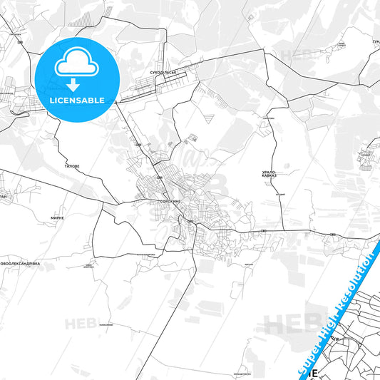 Sorokyne, Ukraine light map with streetnames, citynames and districts