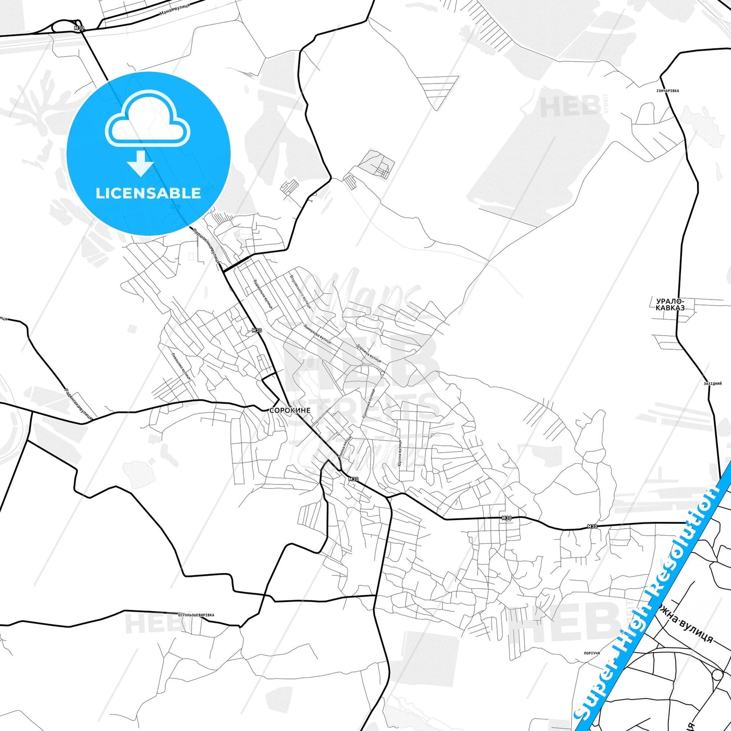 Sorokyne, Ukraine Light Map with Street Names, City Names, and Districts