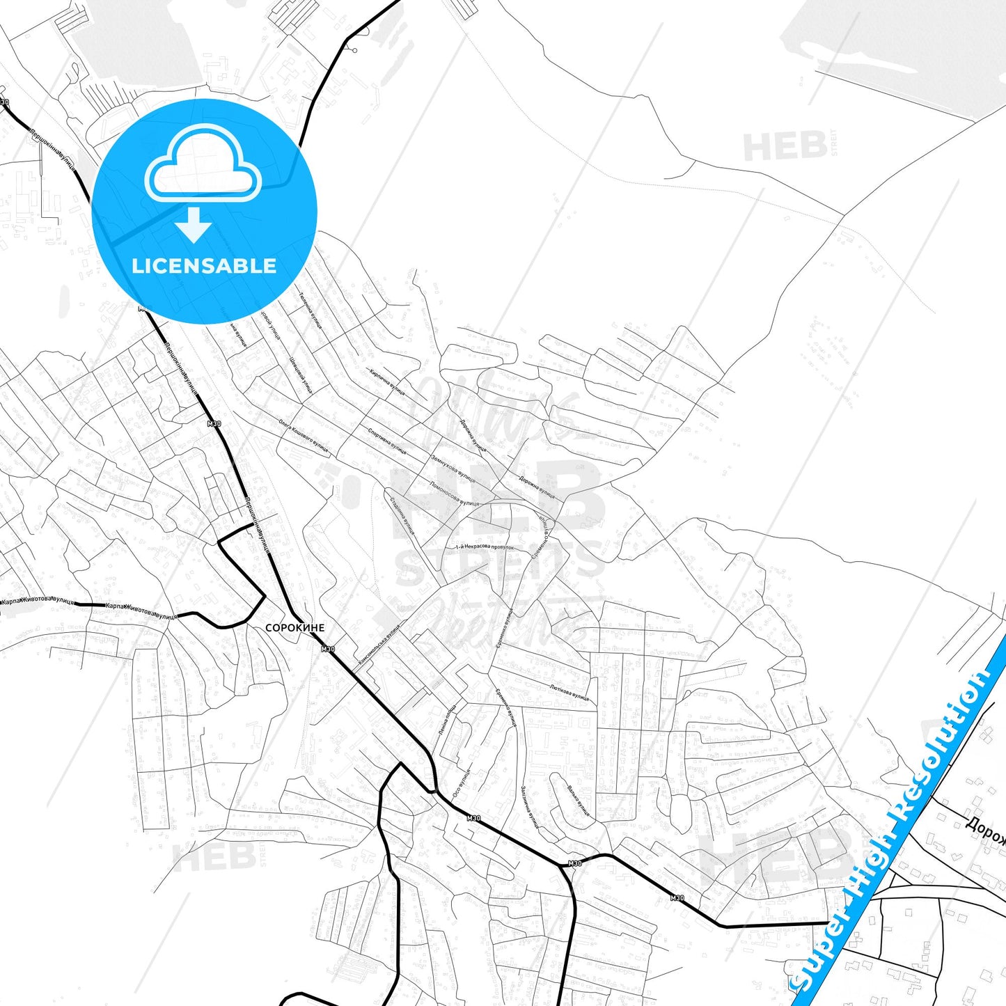 Sorokyne, Ukraine Light Map with Street Names, City Names, and Districts