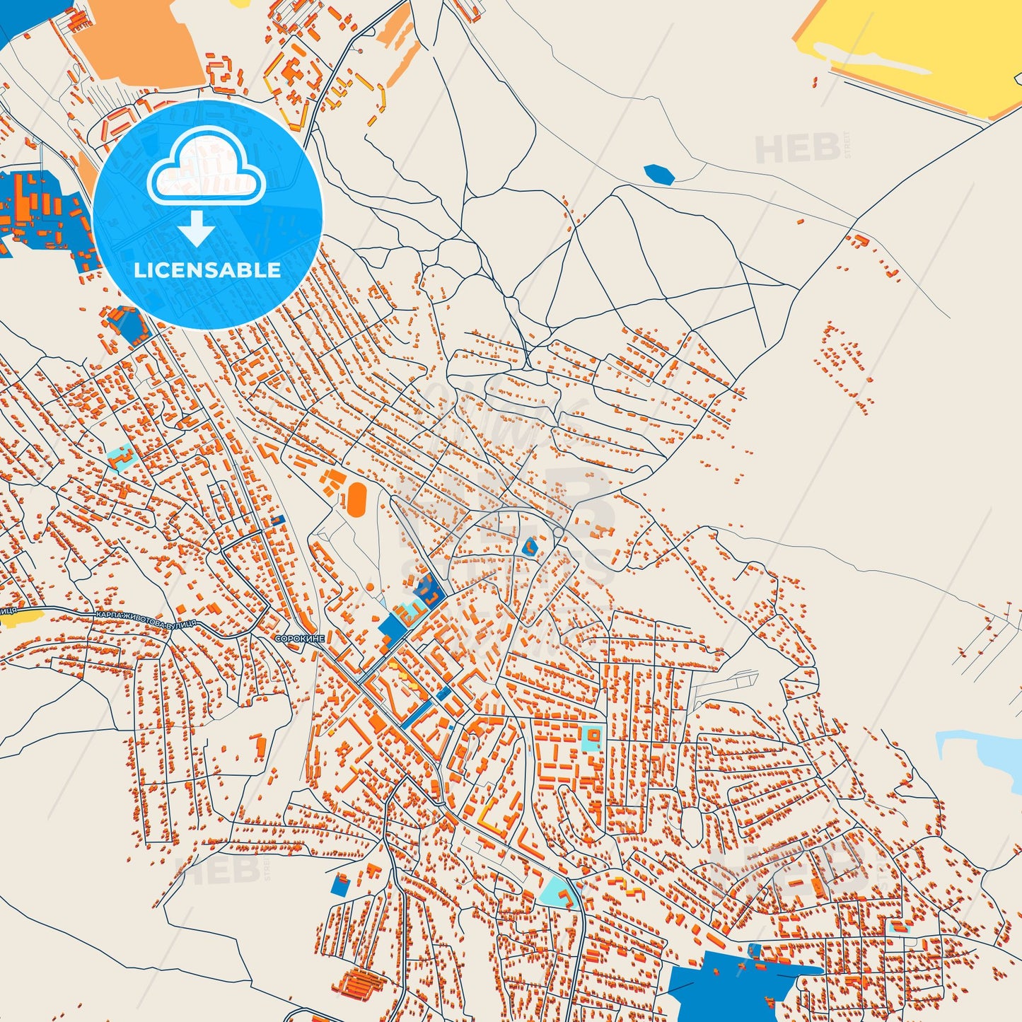 Colorful Sorokyne Street Map with Labels and Buildings