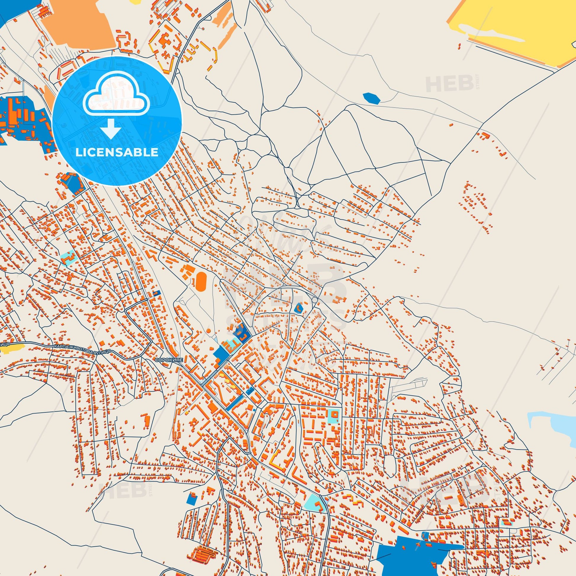 Colorful Sorokyne Street Map with Labels and Buildings