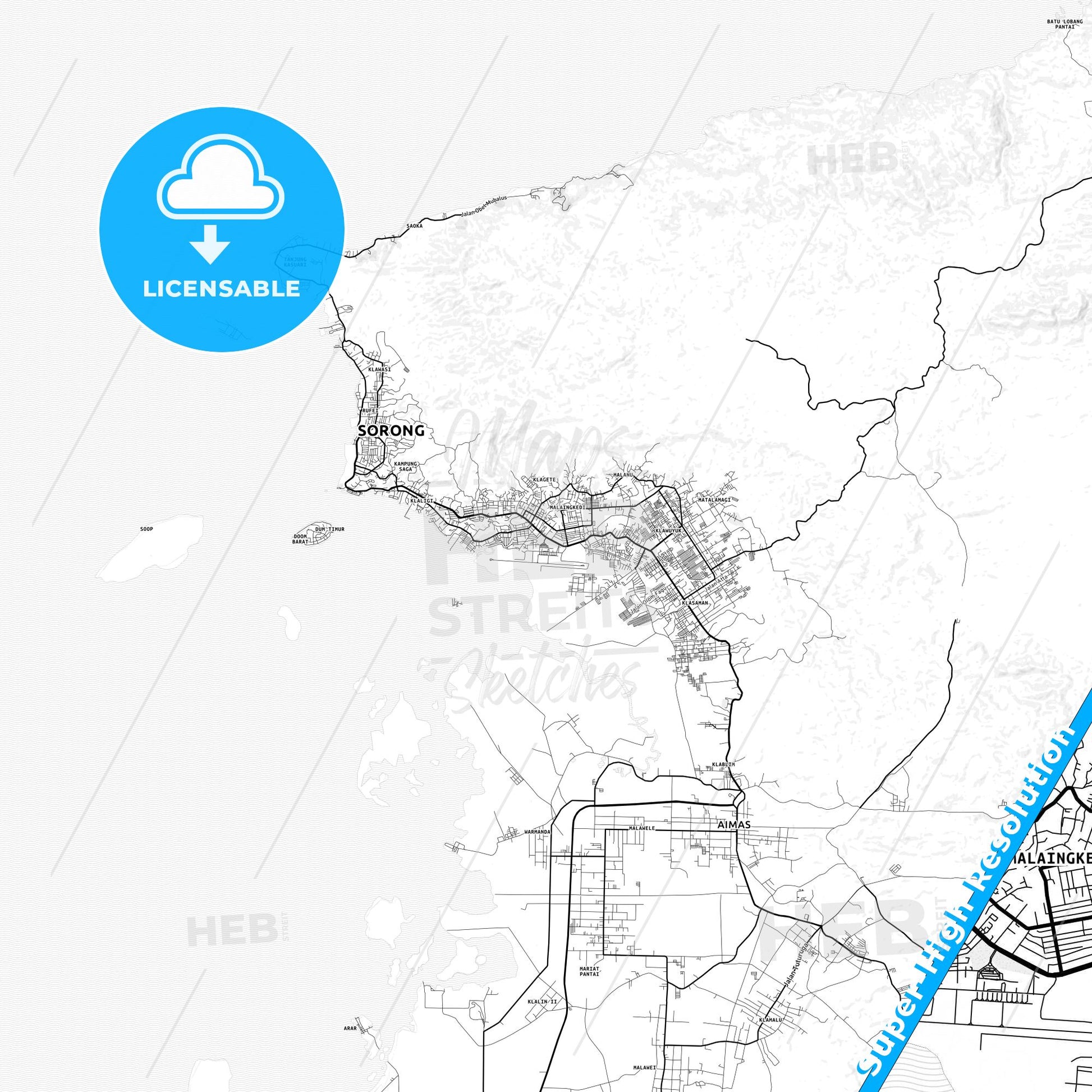 Sorong, Indonesia light map with streetnames, citynames and districts
