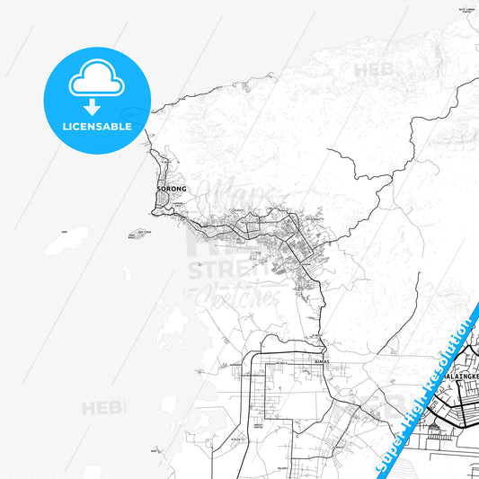 Sorong, Indonesia light map with streetnames, citynames and districts
