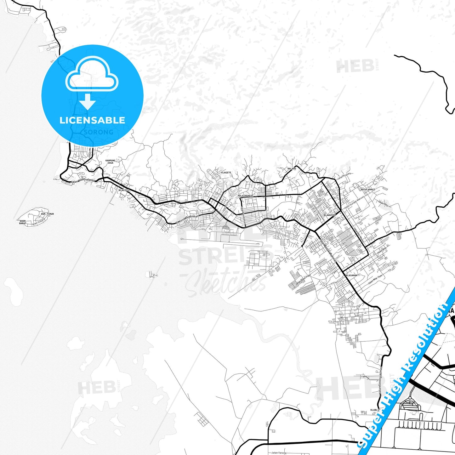 Sorong, Indonesia Light Map with Street Names, City Names, and Districts