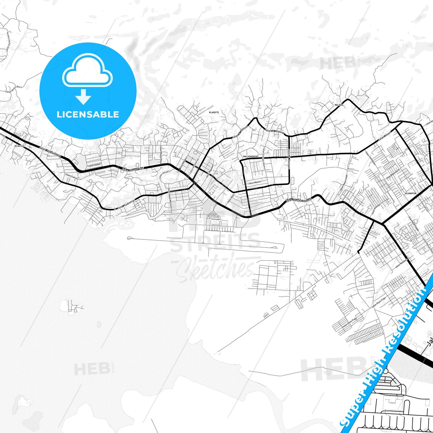 Sorong, Indonesia Light Map with Street Names, City Names, and Districts