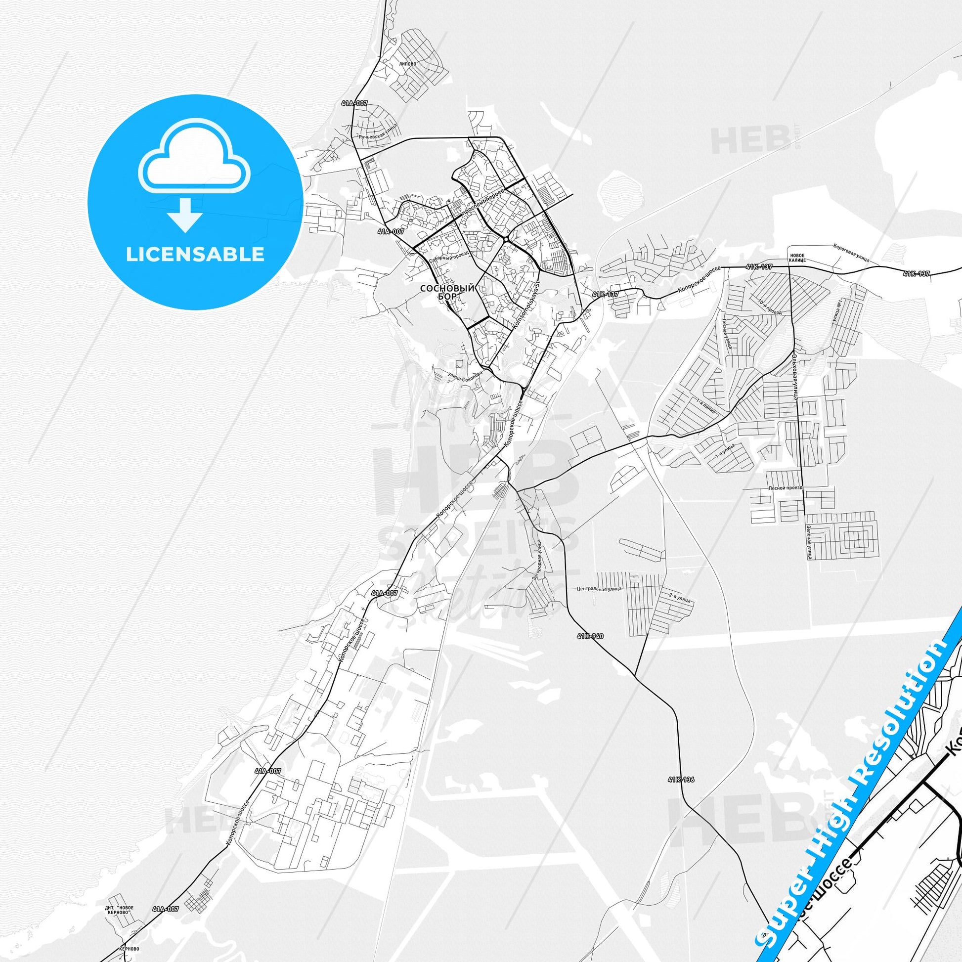 Sosnovy Bor, Russia light map with streetnames, citynames and districts