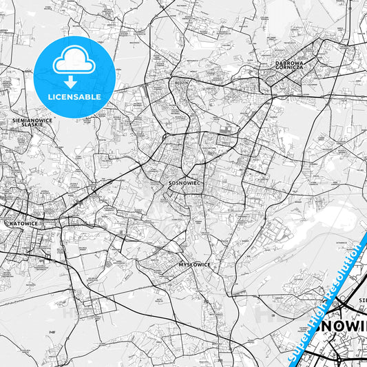 Sosnowiec, Poland light map with streetnames, citynames and districts
