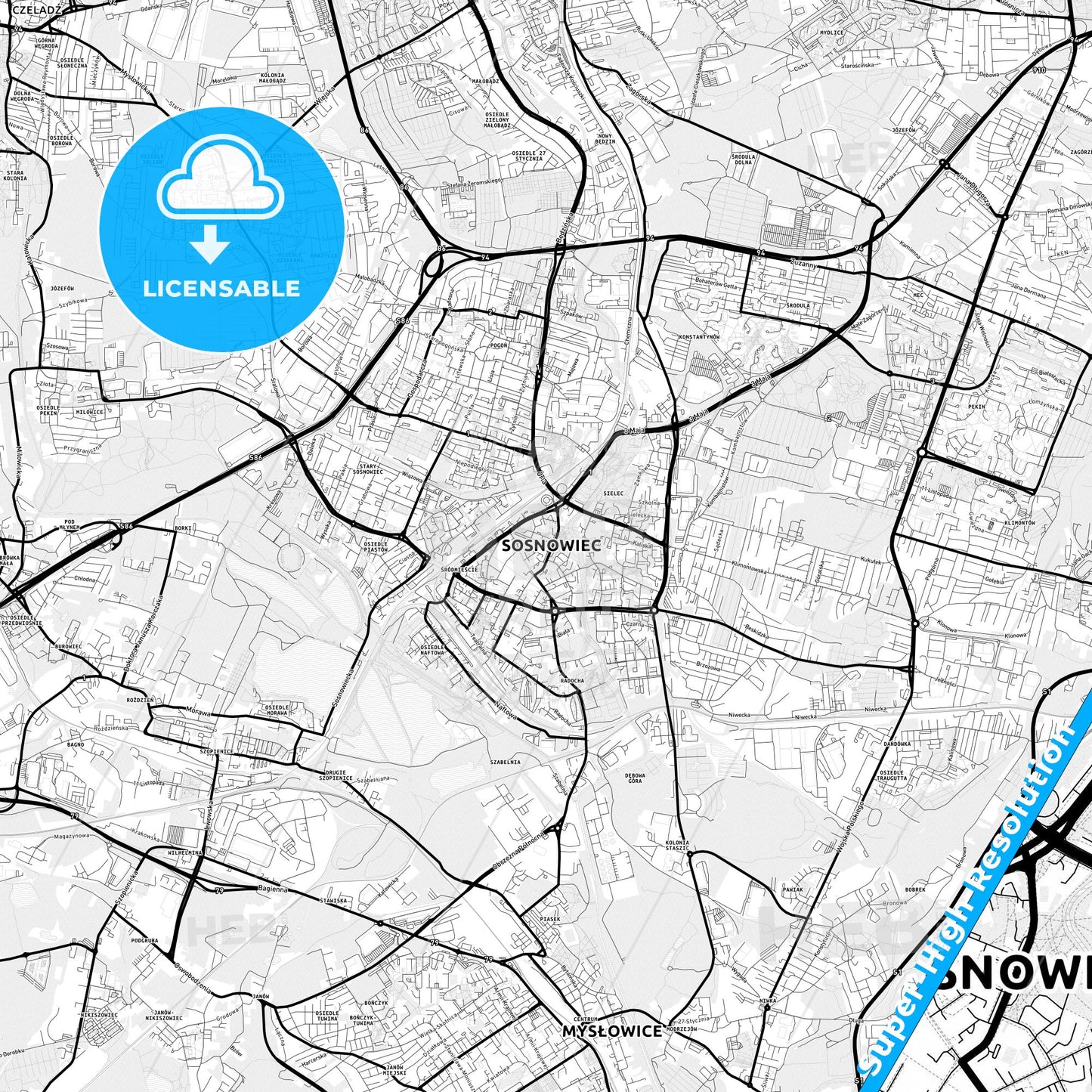 Sosnowiec, Poland Light Map with Street Names, City Names, and Districts