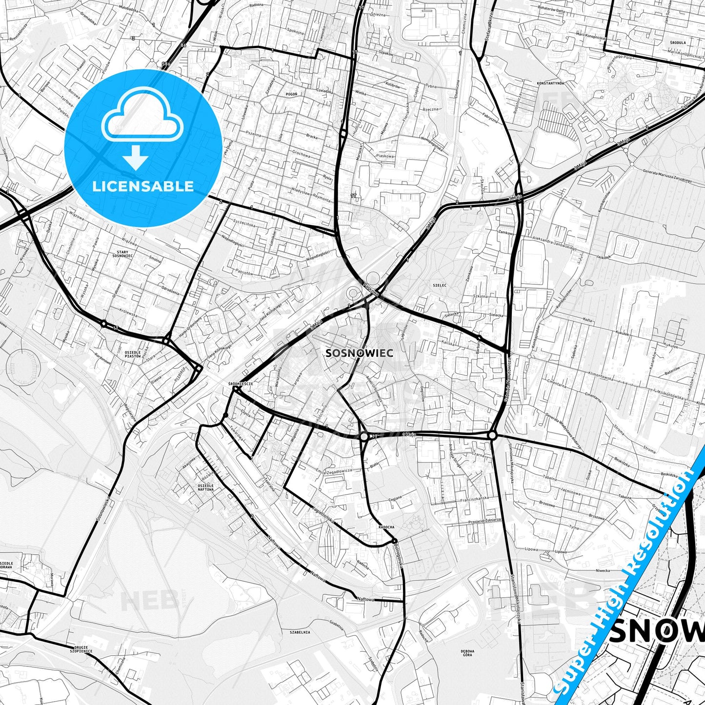 Sosnowiec, Poland Light Map with Street Names, City Names, and Districts